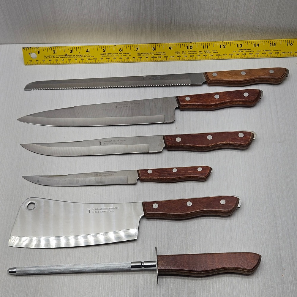 Vintage Precision Hollow Ground Stainless Steel Knife Set 6pc Cleaver Wood